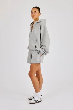 C Embroidered Zip Through Hoodie & Short - Grey Marl