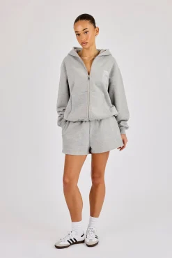 C Embroidered Zip Through Hoodie & Short - Grey Marl