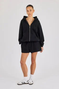C Embroidered Zip Through Hoodie & Short - Black