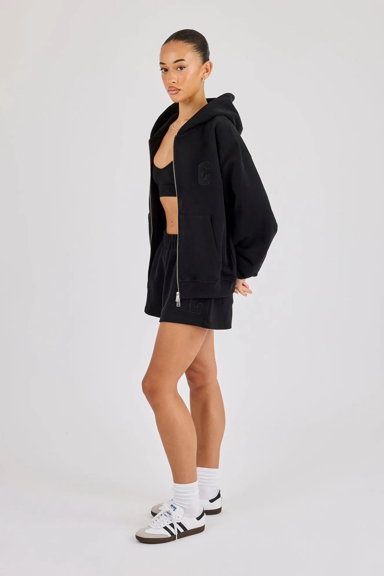C Embroidered Zip Through Hoodie & Short - Black
