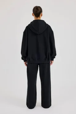 C Embroidered Zip Through Hoodie & Wide Leg Jogger - Black