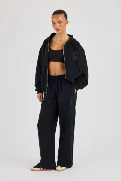 C Embroidered Zip Through Hoodie & Wide Leg Jogger - Black