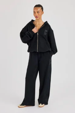 C Embroidered Zip Through Hoodie & Wide Leg Jogger - Black