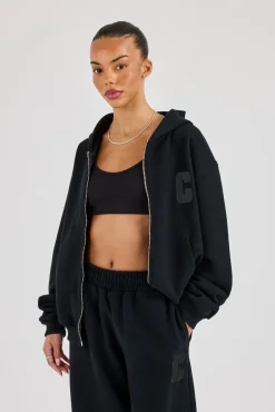 C Embroidered Zip Through Hoodie - Black
