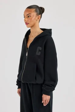 C Embroidered Zip Through Hoodie - Black