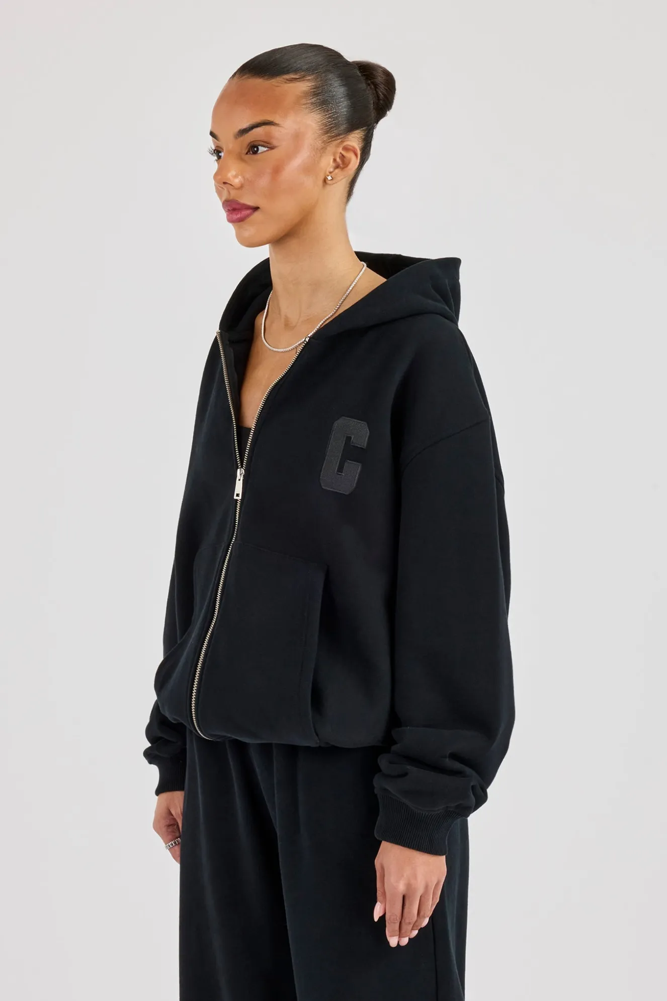 C Embroidered Zip Through Hoodie - Black