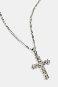 Centre Stone Cross Pendant Necklace - 25mm - White