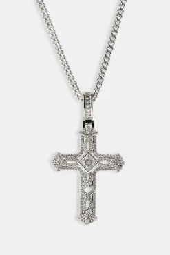 Centre Stone Cross Pendant Necklace - 25mm - White