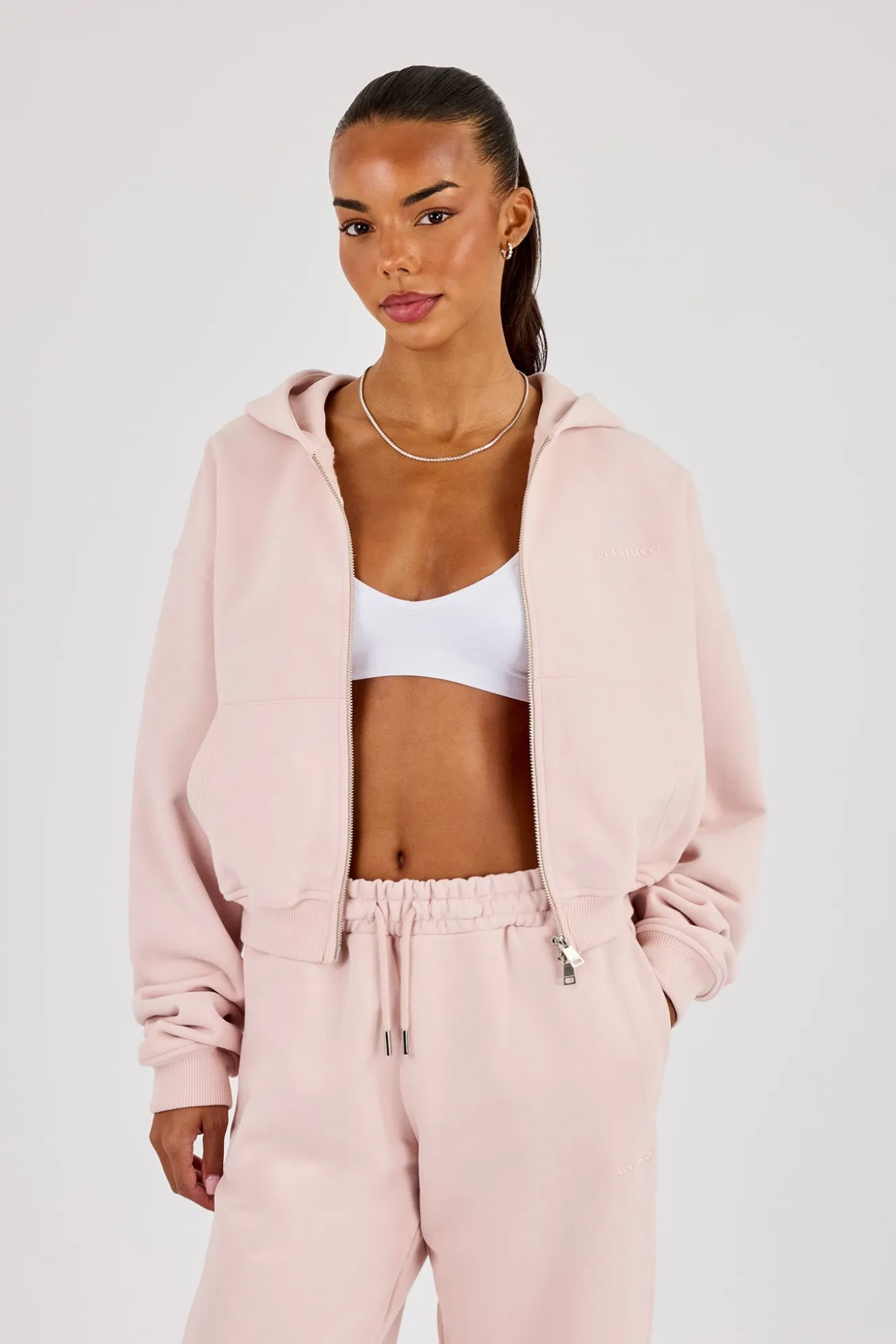 Cernucci Cropped Zip Through Hoodie - Dusty Pink