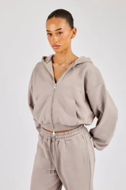 Cernucci Cropped Zip Through Hoodie - Stone