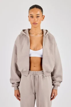 Cernucci Cropped Zip Through Hoodie - Stone