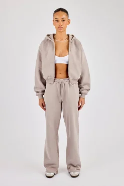 Cernucci Cropped Zip Through Hoodie & Wide Leg Jogger - Stone