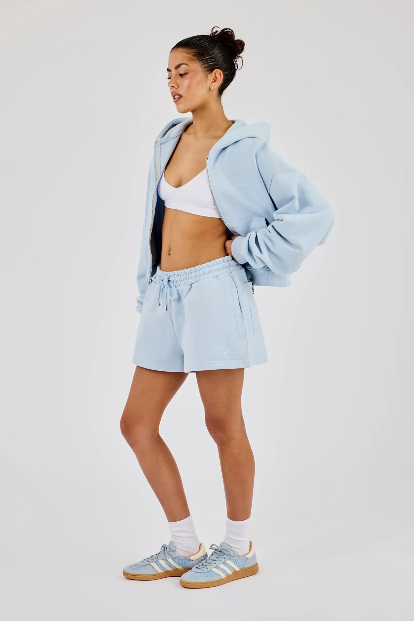 Cernucci Cropped Zip Through Hoodie & Embroidered Short Powder Blue
