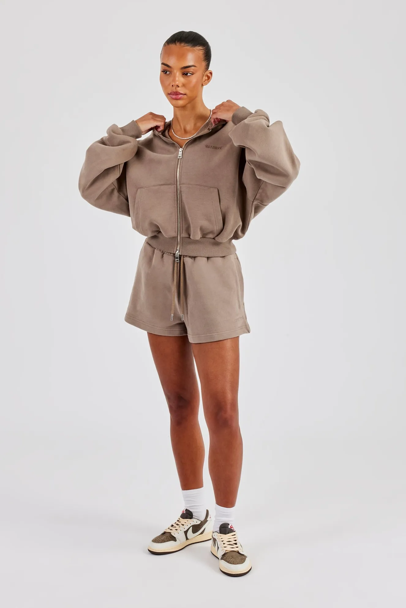 Cernucci Cropped Zip Through Hoodie & Short - Taupe