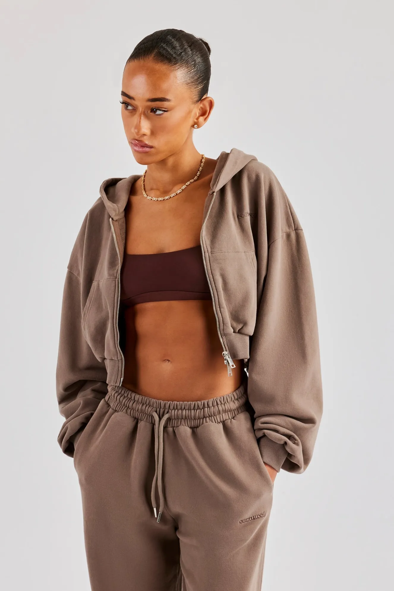 Cernucci Cropped Zip Through Hoodie - Taupe