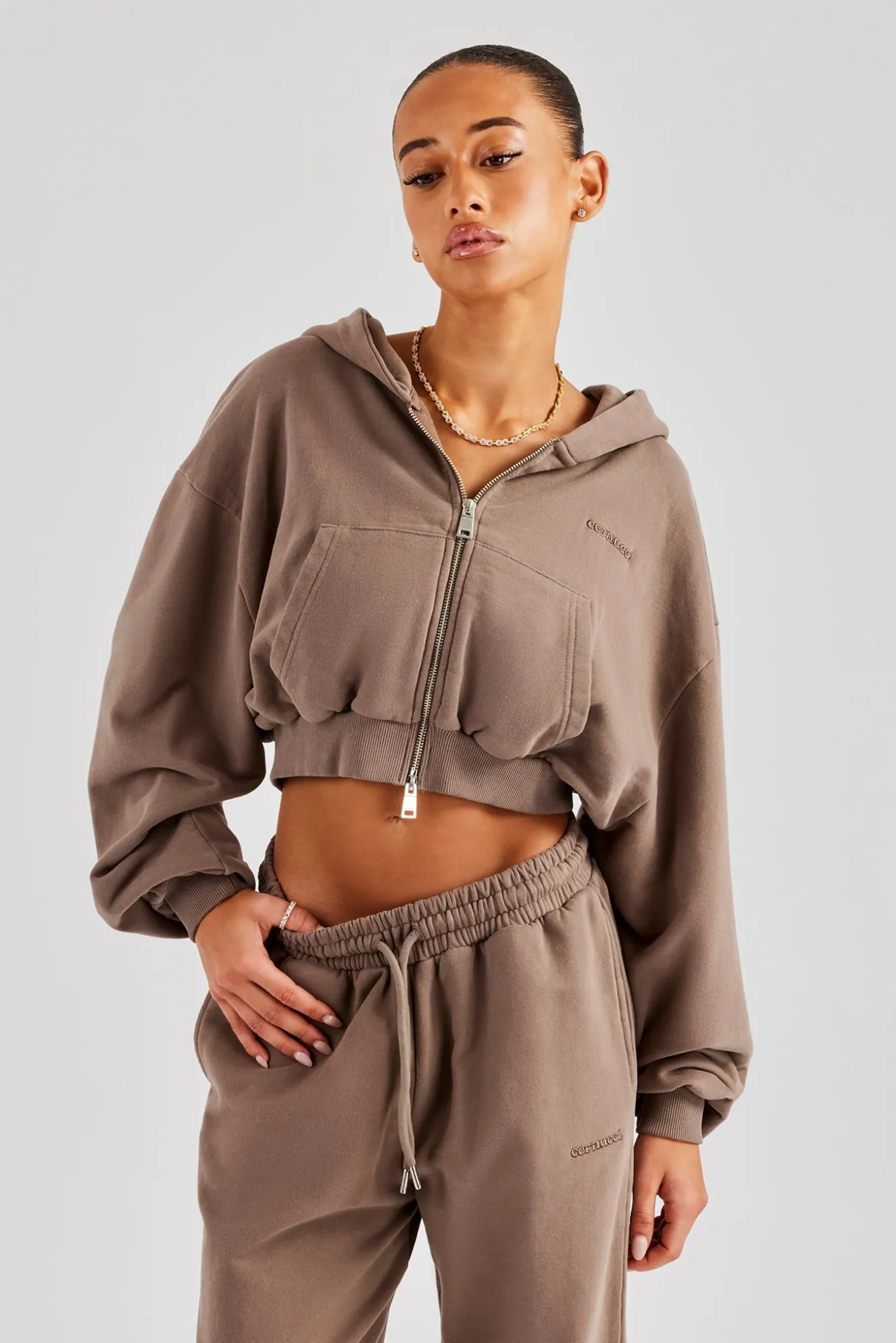 Cernucci Cropped Zip Through Hoodie - Taupe