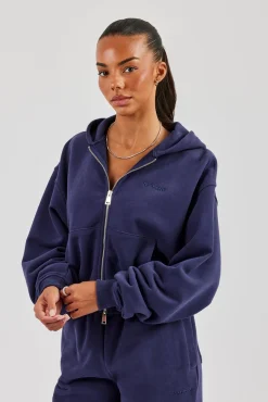Cernucci Cropped Zip Through Hoodie - Navy