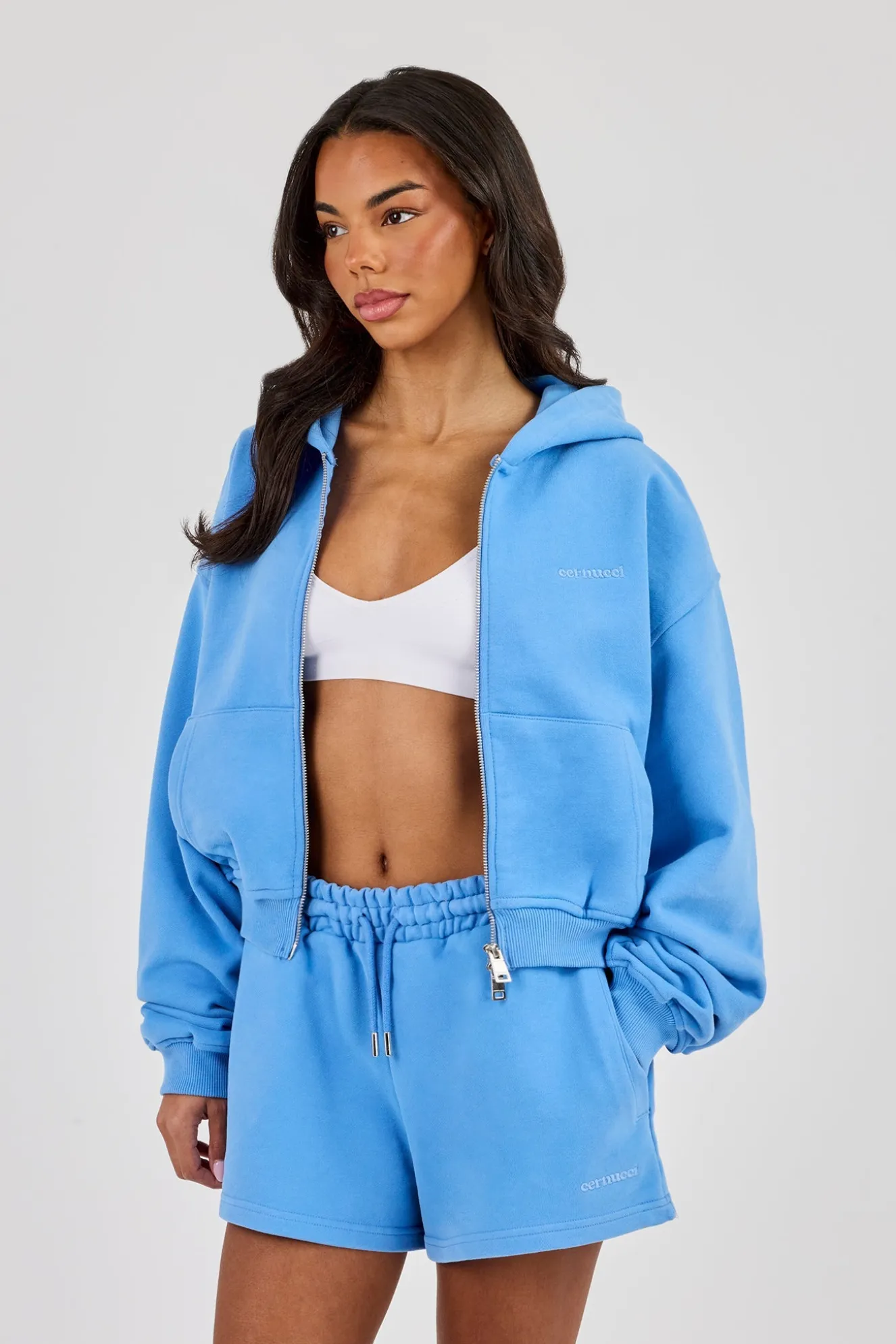 Cernucci Cropped Zip Through Hoodie - Riviera Blue