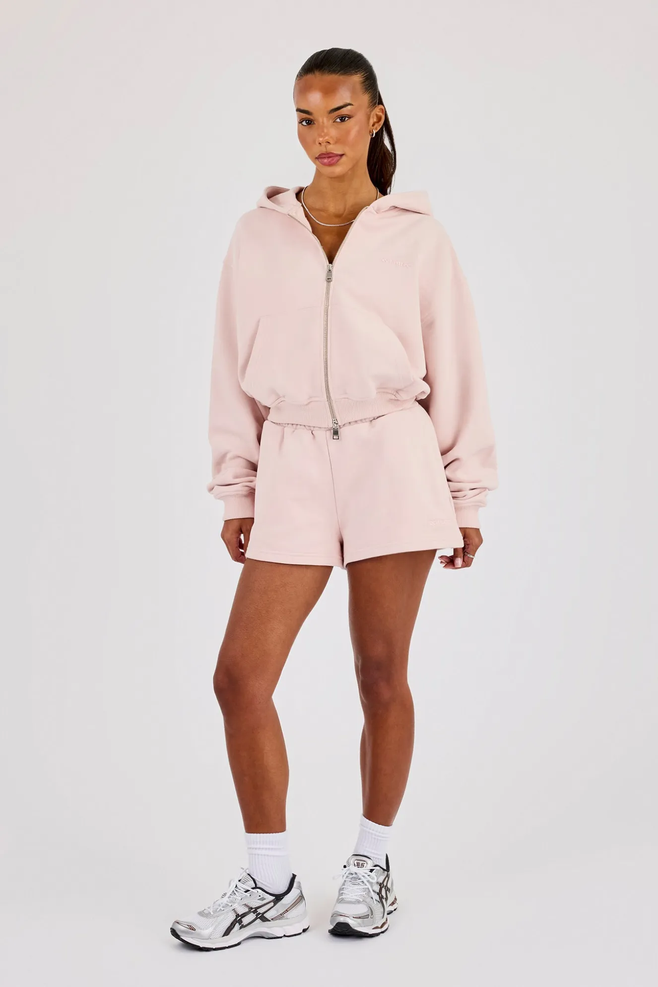 Cernucci Cropped Zip Through Hoodie & Embroidered Short - Dusty Pink