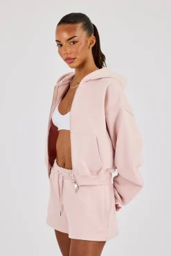 Cernucci Cropped Zip Through Hoodie & Embroidered Short - Dusty Pink