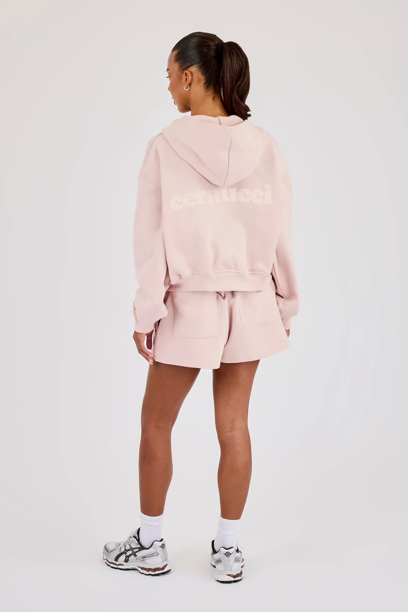 Cernucci Cropped Zip Through Hoodie & Embroidered Short - Dusty Pink
