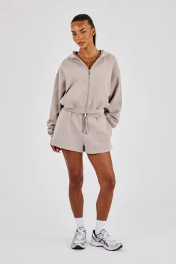 Cernucci Cropped Zip Through Hoodie & Embroidered Short - Stone