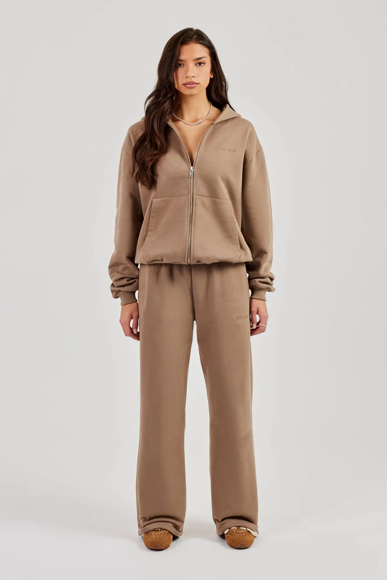 Cernucci Oversized Zip Through Hoodie Wide Leg Jogger - Taupe