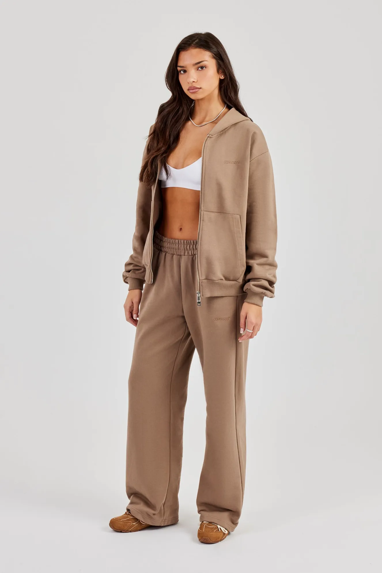 Cernucci Oversized Zip Through Hoodie Wide Leg Jogger - Taupe
