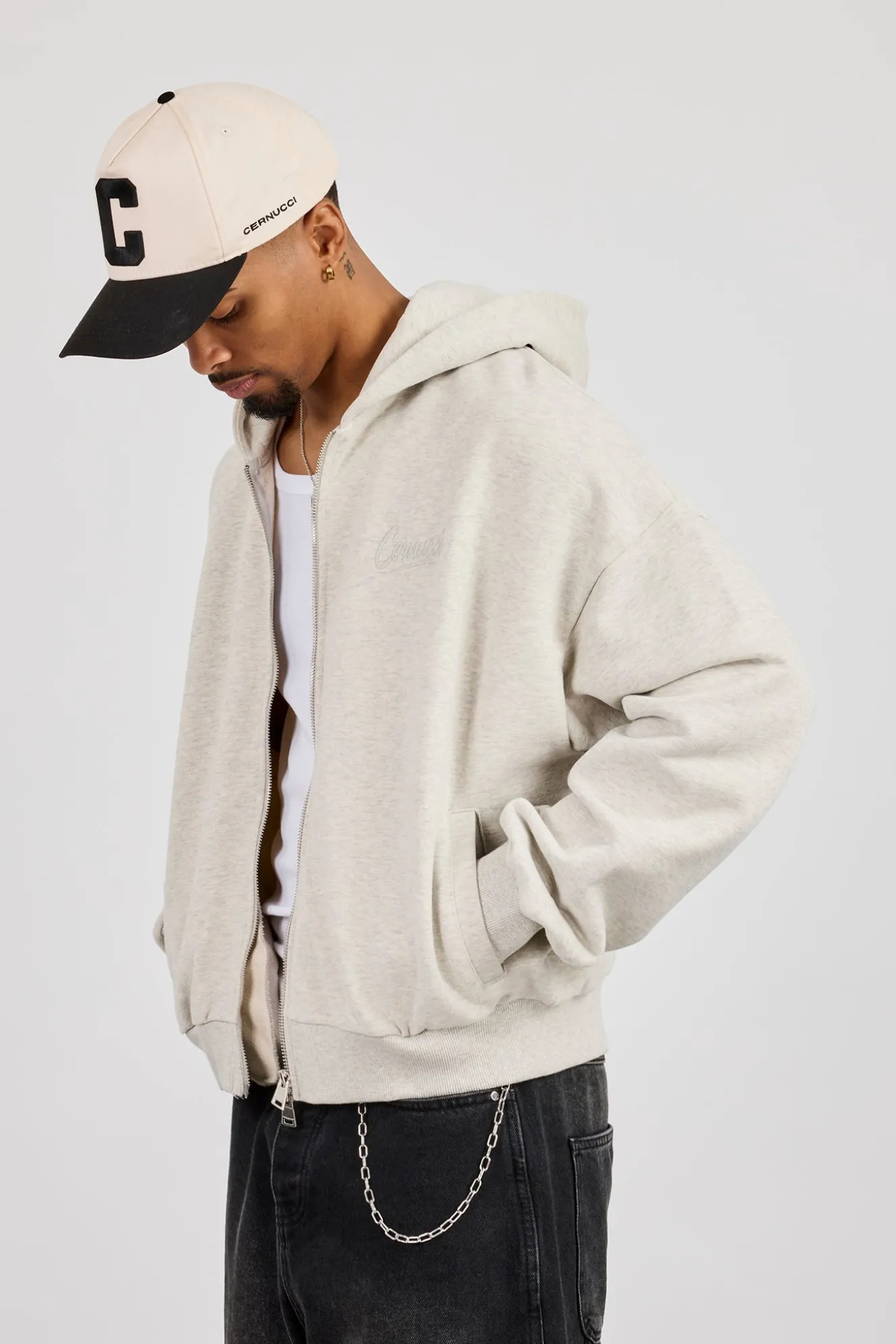 Cernucci Script Boxy Zip Through Hoodie - Ash Grey