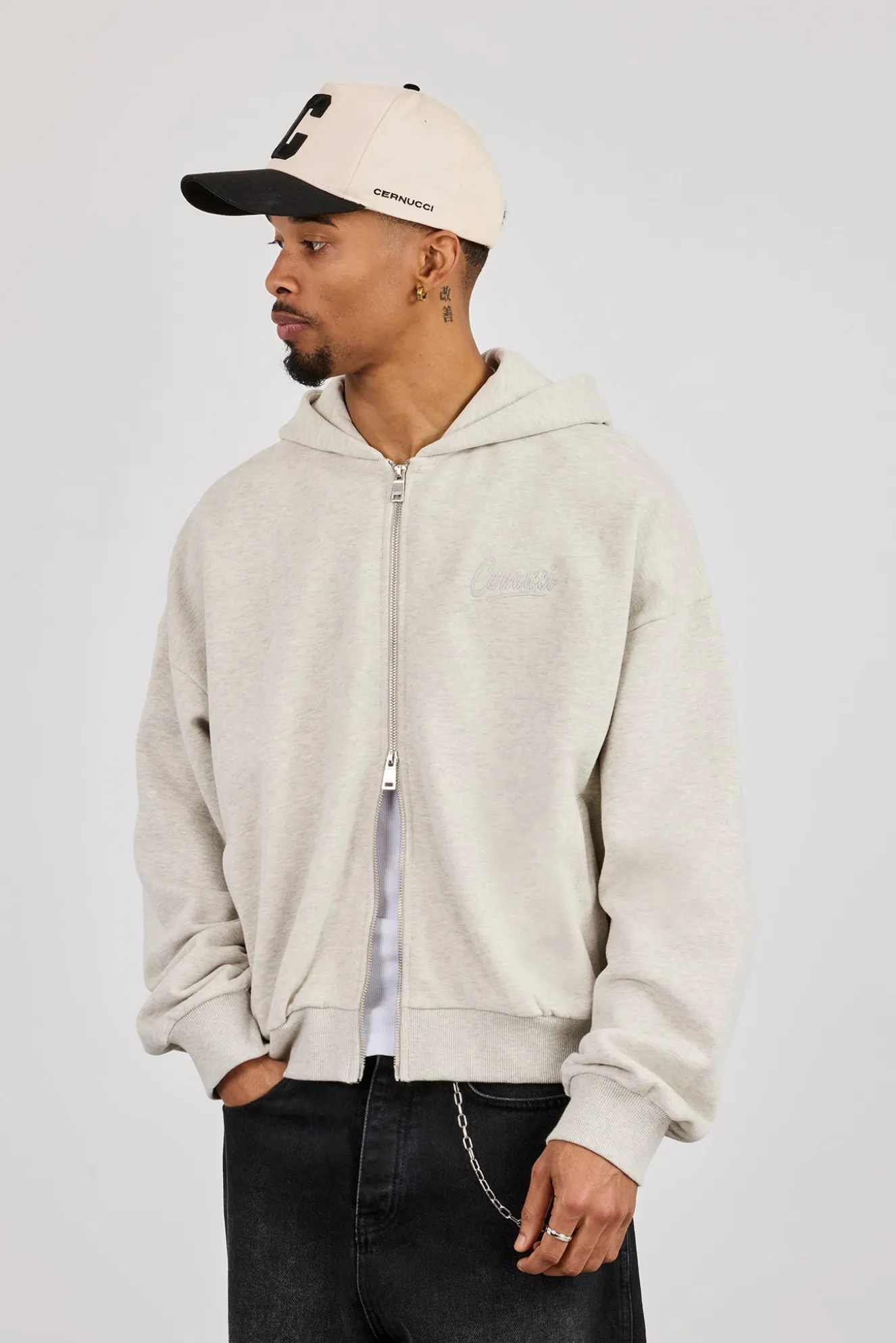 Cernucci Script Boxy Zip Through Hoodie - Ash Grey