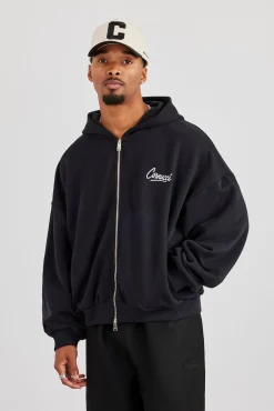 Cernucci Script Boxy Zip Through Hoodie - Black