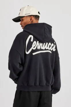 Cernucci Script Boxy Zip Through Hoodie - Black