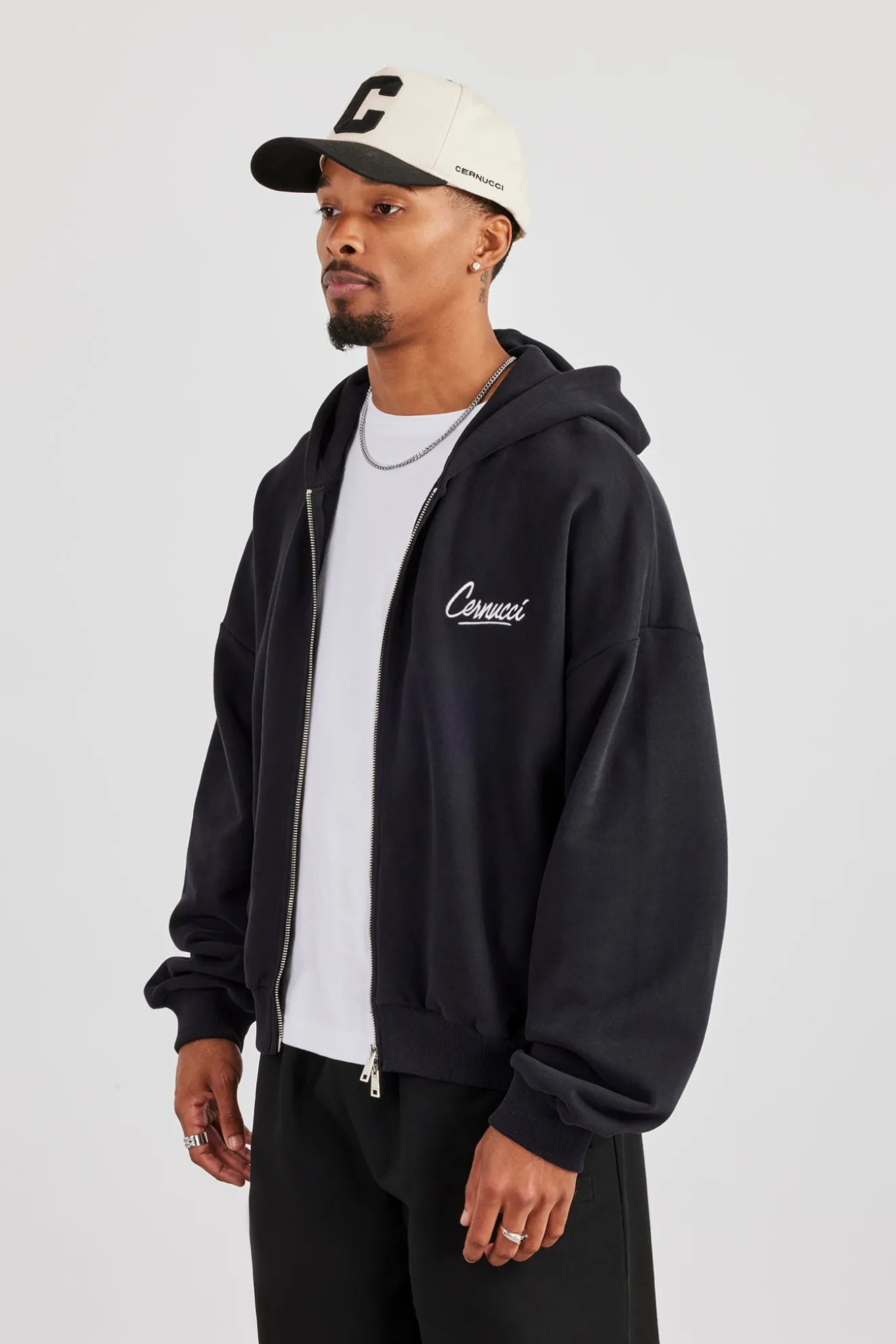 Cernucci Script Boxy Zip Through Hoodie - Black