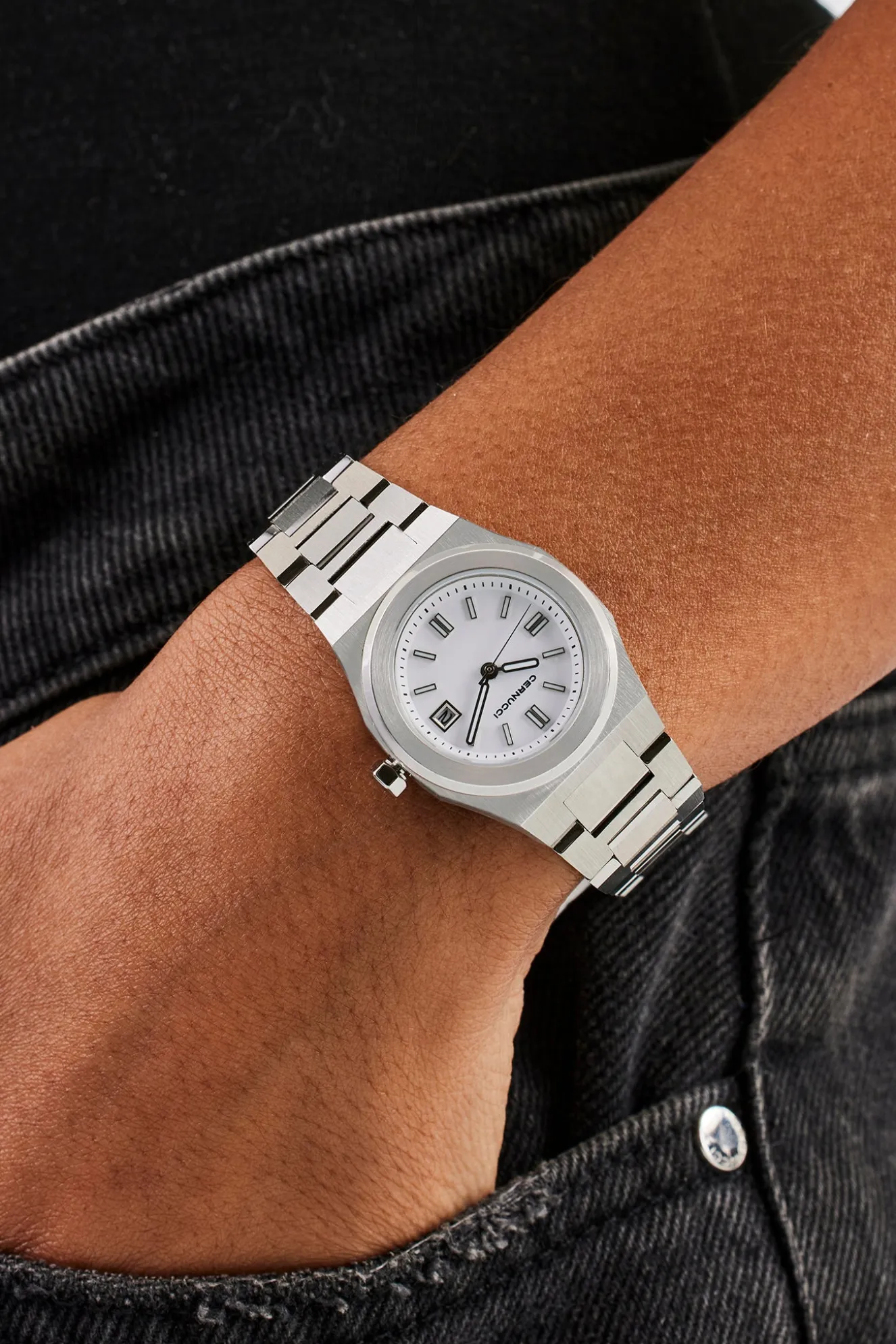 Cernucci White Dial Polished Watch - Silver