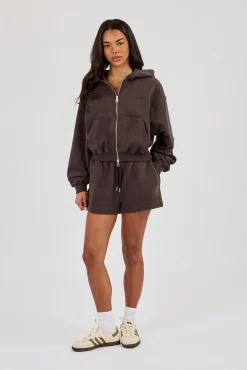 Cernucci Zip Through Cropped Hoodie & Embroidered Short - Coffee