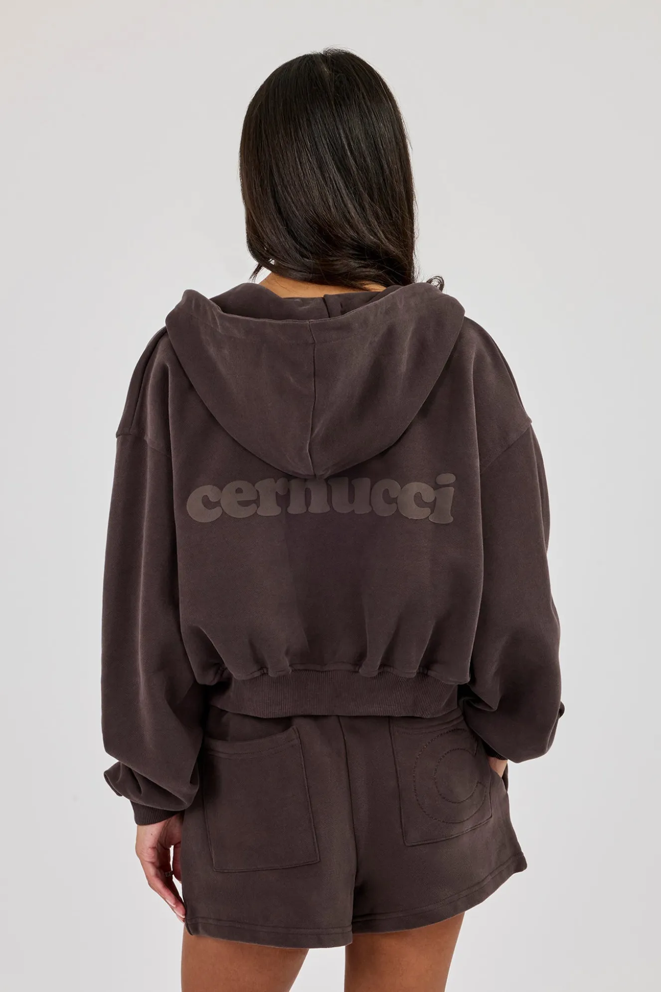 Cernucci Zip Through Cropped Hoodie - Coffee