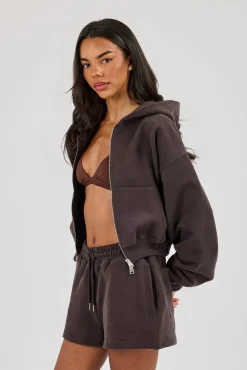 Cernucci Zip Through Cropped Hoodie - Coffee