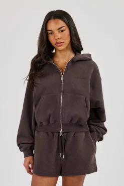 Cernucci Zip Through Cropped Hoodie - Coffee