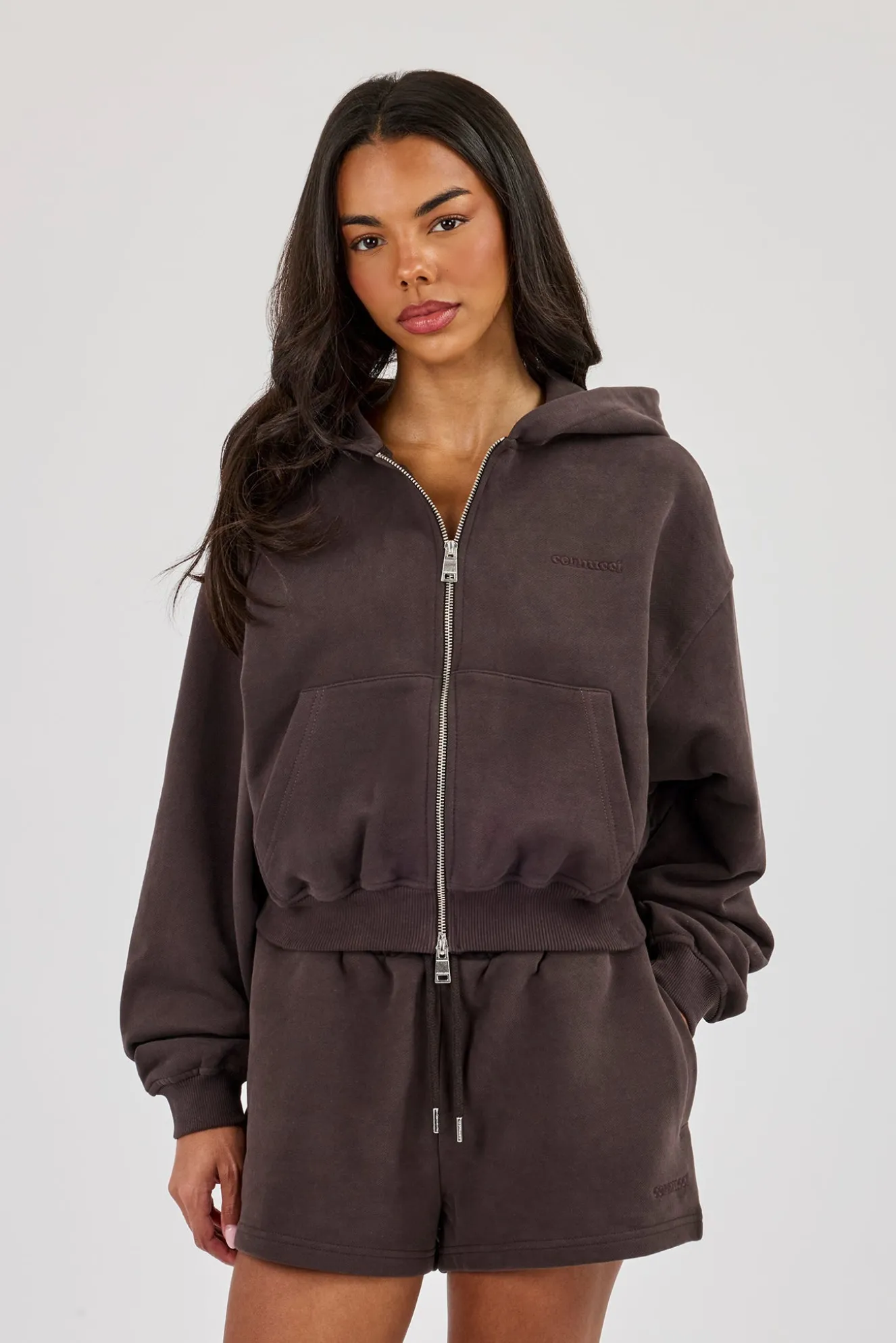 Cernucci Zip Through Cropped Hoodie - Coffee