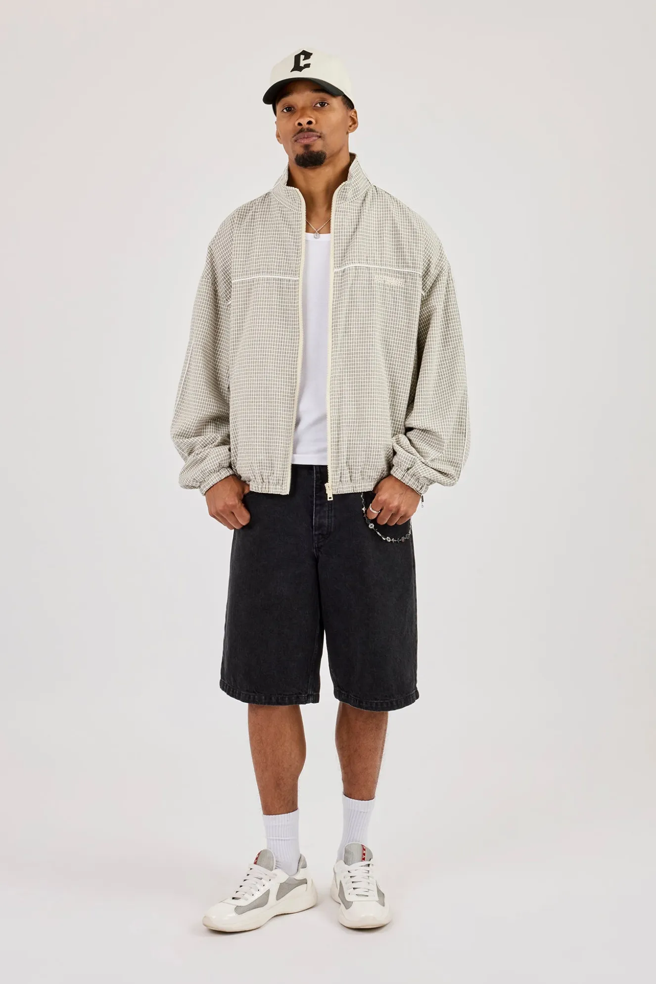 Check Funnel Neck Track Jacket With Piping - Off White