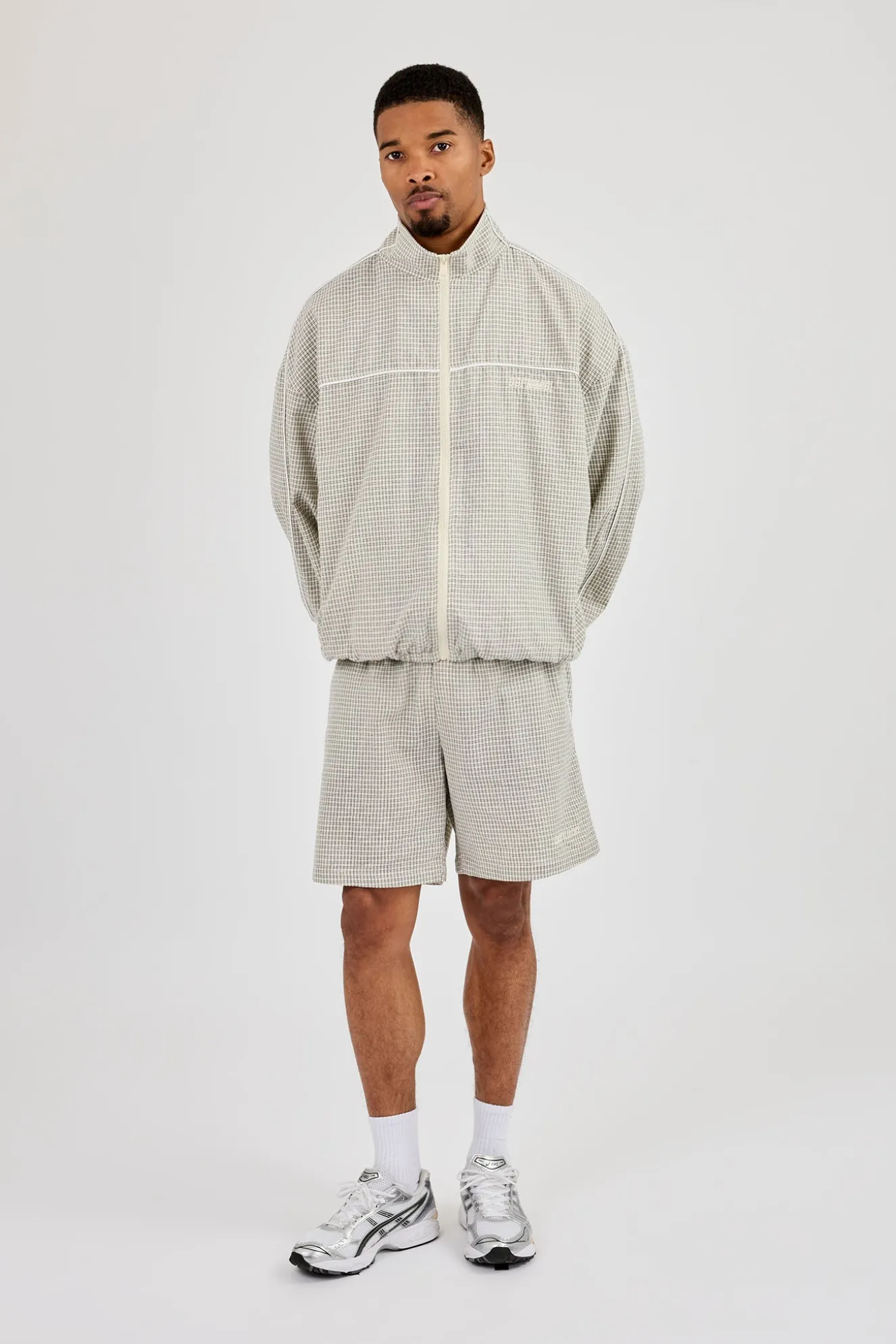 Check Funnel Neck Track Jacket With Piping - Off White