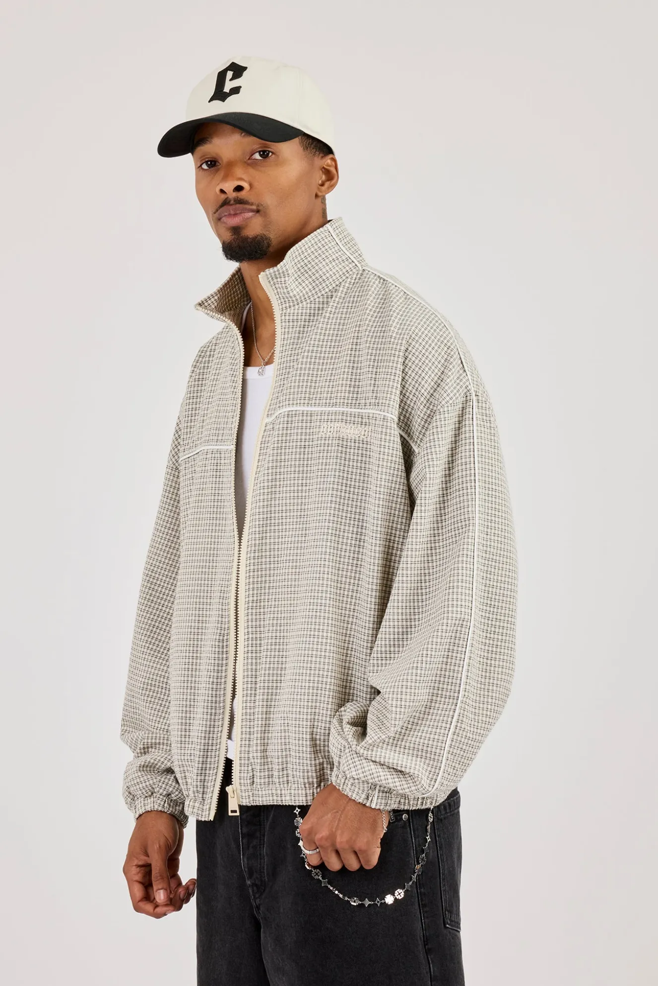 Check Funnel Neck Track Jacket With Piping - Off White