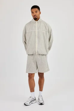 Check Funnel Neck Track Jacket & Short With Piping - Off White