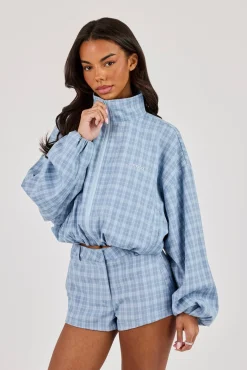 Check Funnel Neck Zip Jacket - Blue