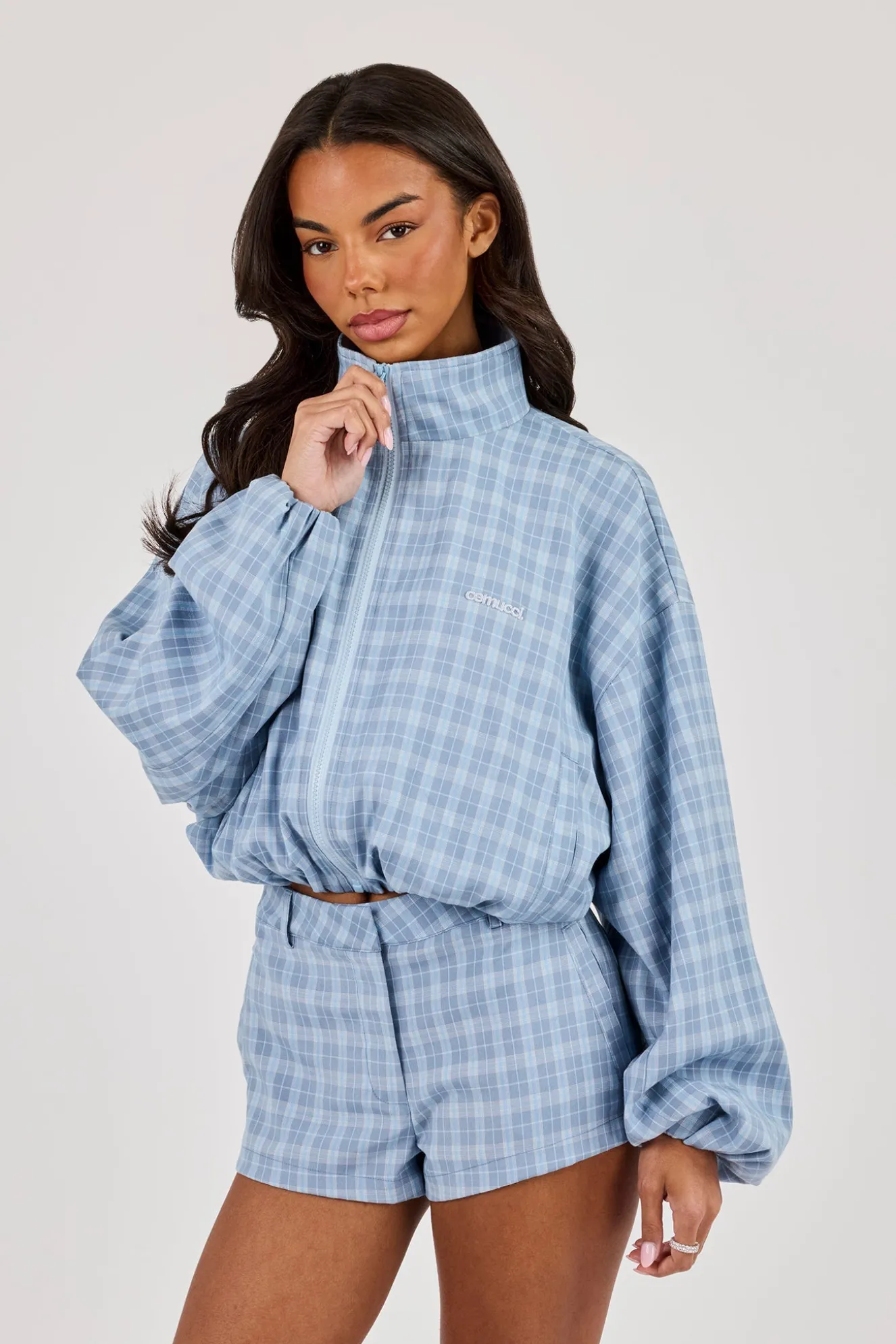 Check Funnel Neck Zip Jacket - Blue