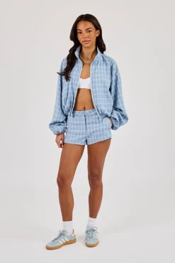 Check Funnel Neck Zip Jacket & Micro Short - Blue