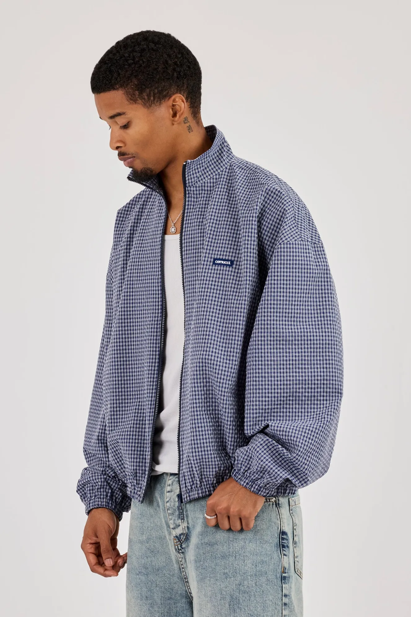 Check Funnel Neck Zip Jacket - Navy
