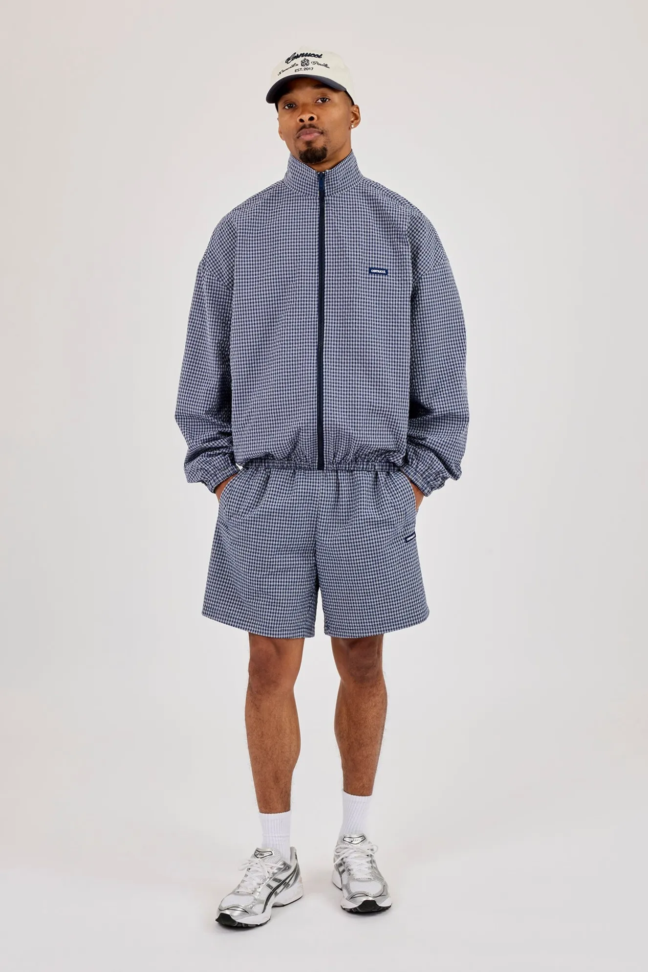 Check Funnel Neck Zip Jacket - Navy