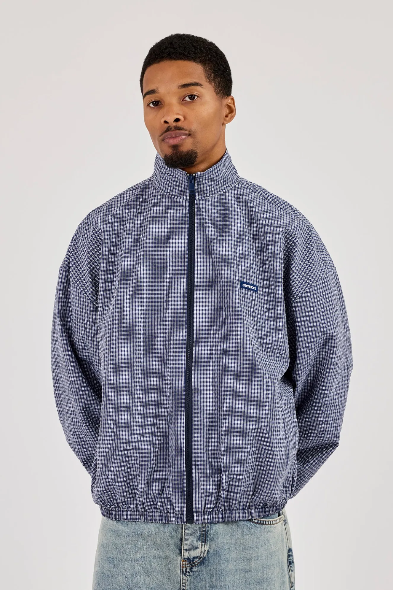 Check Funnel Neck Zip Jacket - Navy