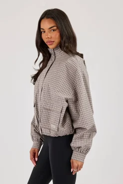Check Nylon Funnel Neck Jacket - Beige